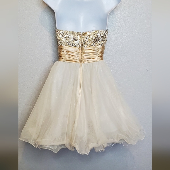 Champagne Gold Satin Sequin Tulle Strapless Mini Cocktail Party Dress Size 6/7 - Picture 2 of 9